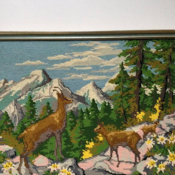 Beautiful needlework needle art deer in forest professional framed - Picture 2 of 5